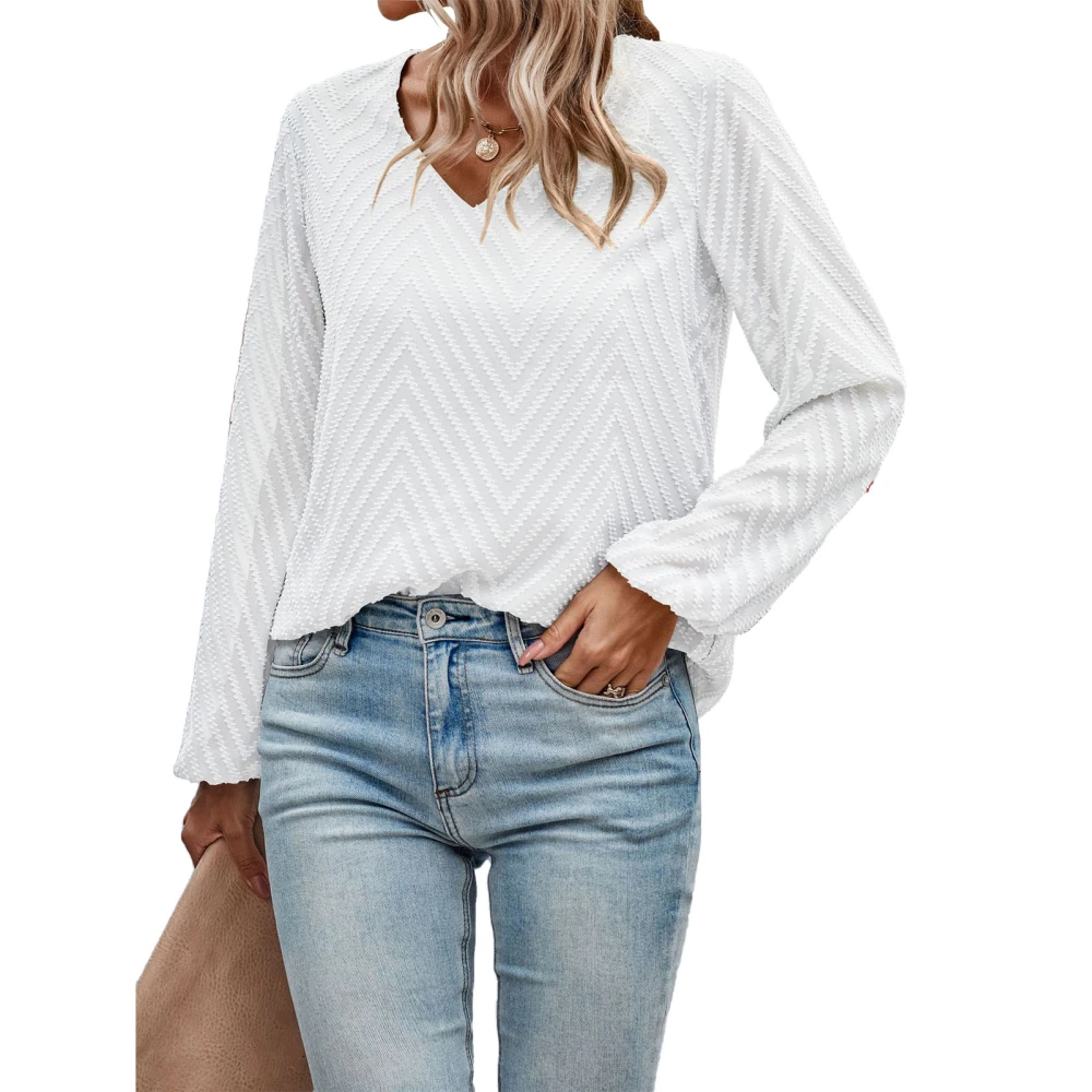 V Neck Wave Pattern Blouse Plain Color Fashionable Long Lantern Sleeve Blouse Top for Women White L