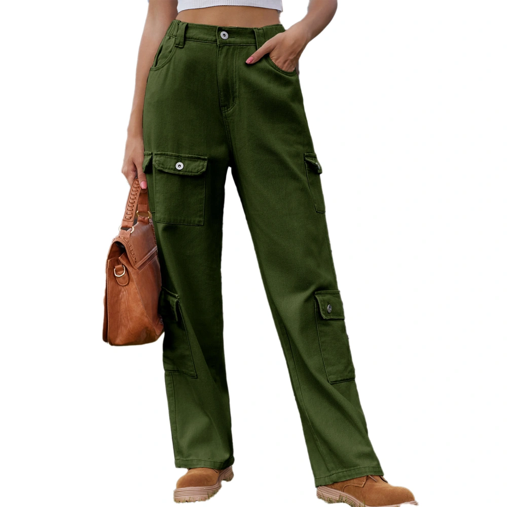 Women Casual Pocket Pants Elastic Waist Long Type Fashionable Female Loose Pocket Trousers OD Green XL