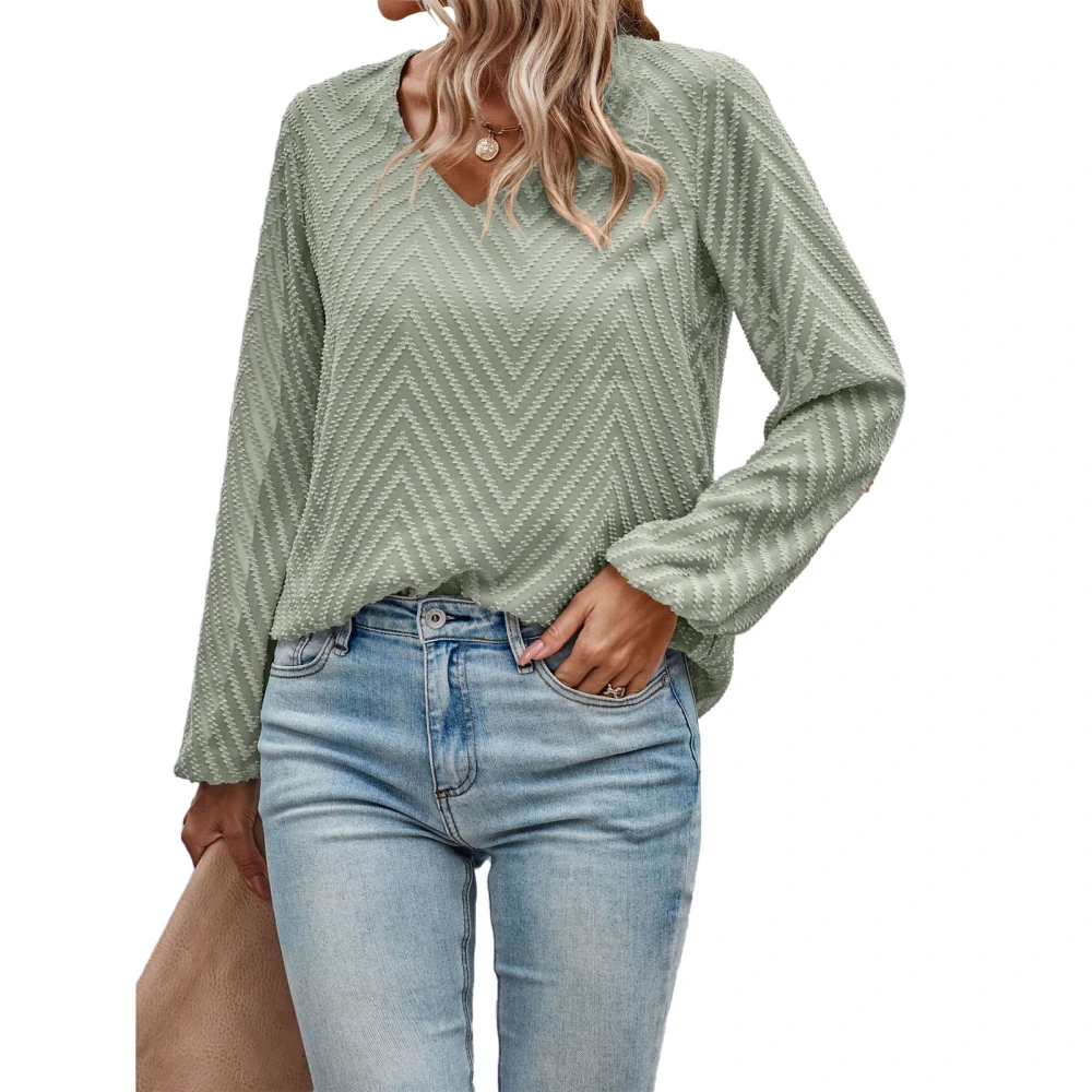 V Neck Wave Pattern Blouse Plain Color Fashionable Long Lantern Sleeve Blouse Top for Women Pea Green L