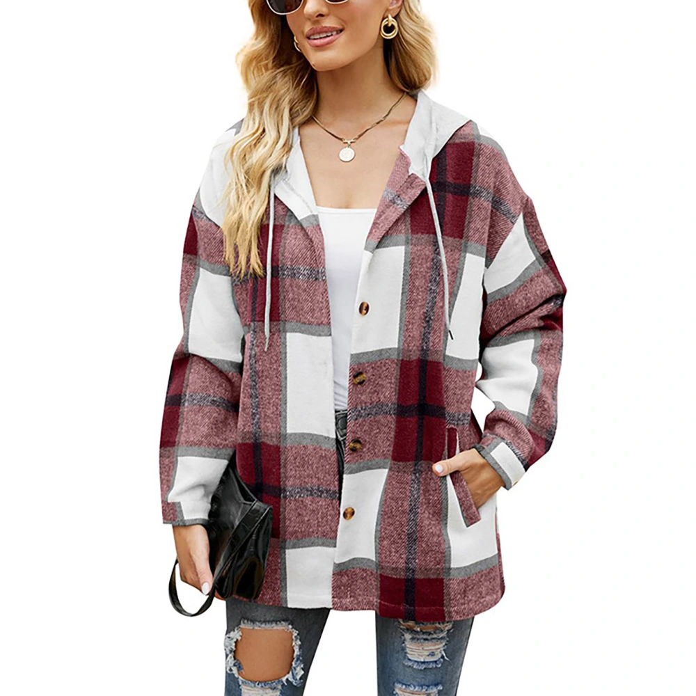 Woman Drawstring Plaid Coat Hooded Long Sleeve Single Breasted Pocketed Loose Leisure Coat Wine Red XXL