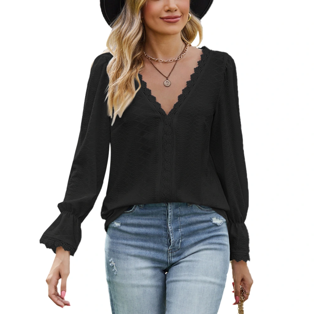 Women V Neck T Shirt Lace Splicing Long Bell Sleeves Pure Color Casual Jacquard Loose Blouse Black L