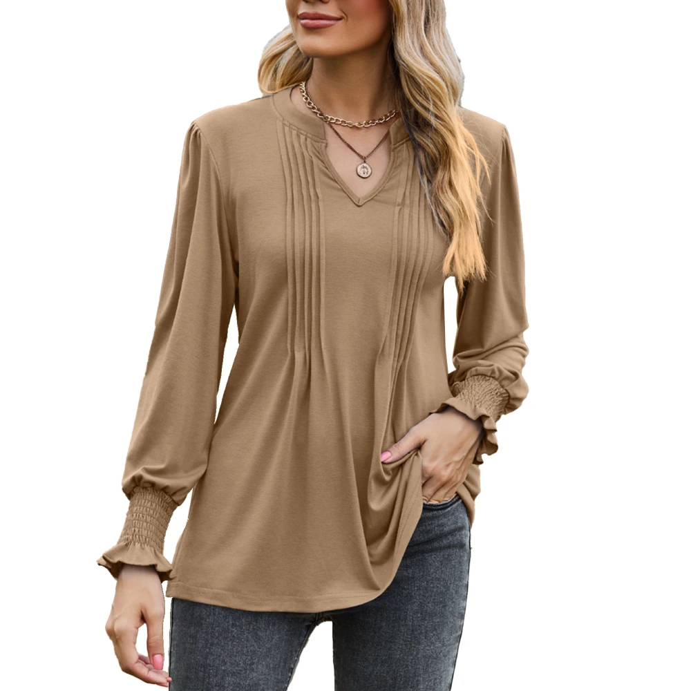 Women Shirt Solid Color Pleated Look Puff Sleeves Jacket V Neck Long Sleeve Bottoming Shirt Blouse Khaki XL