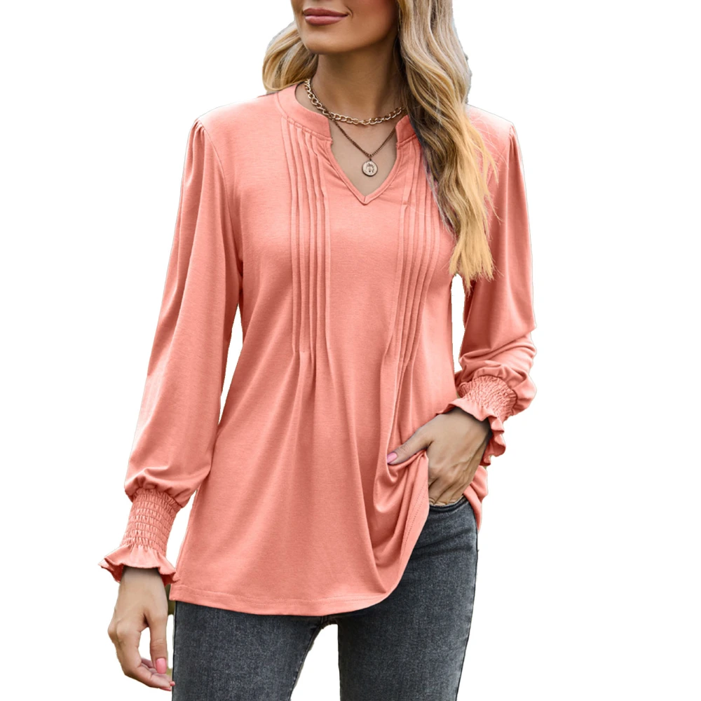 Women Shirt Solid Color Pleated Look Puff Sleeves Jacket V Neck Long Sleeve Bottoming Shirt Blouse Pink XXL