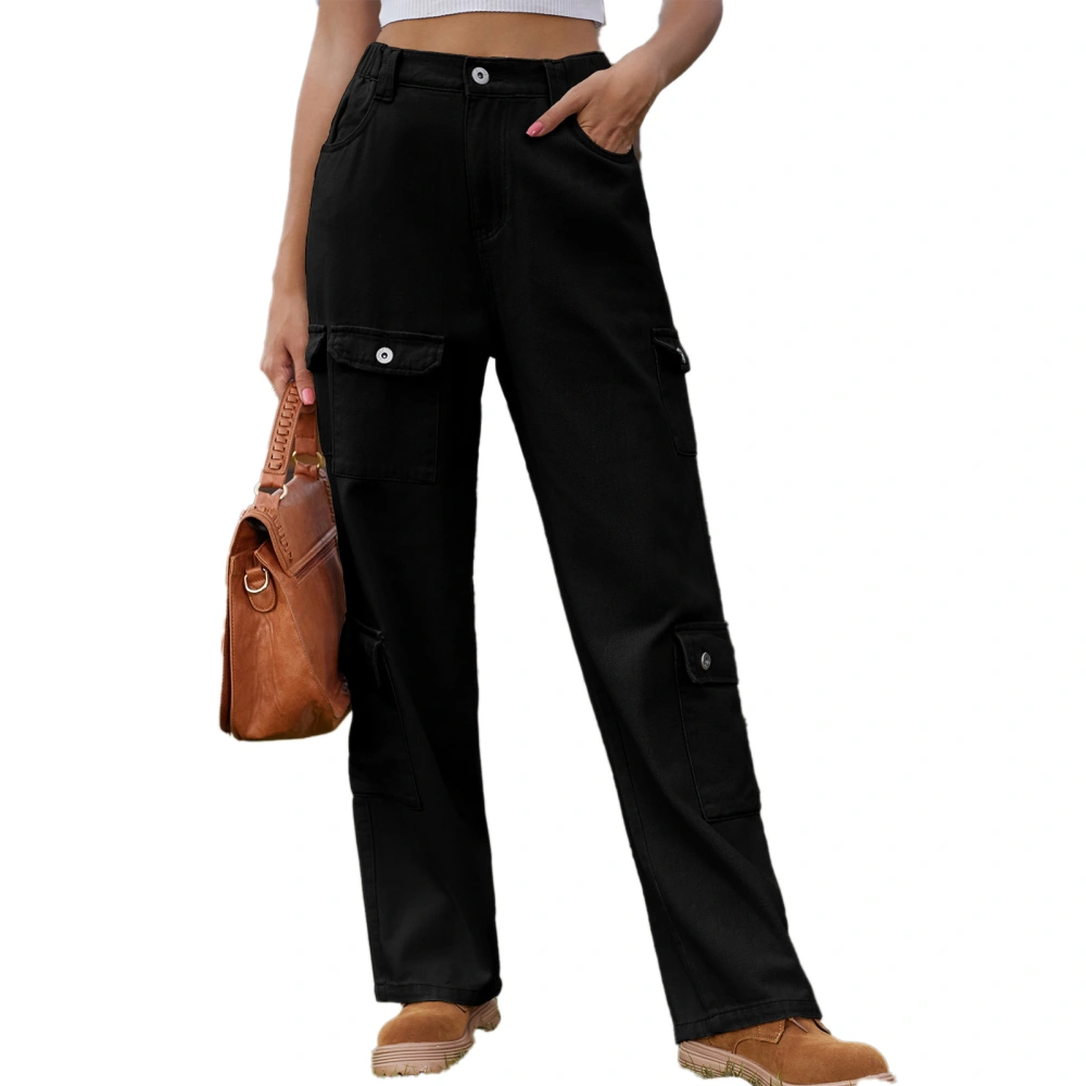 Women Casual Pocket Pants Elastic Waist Long Type Fashionable Female Loose Pocket Trousers Black M