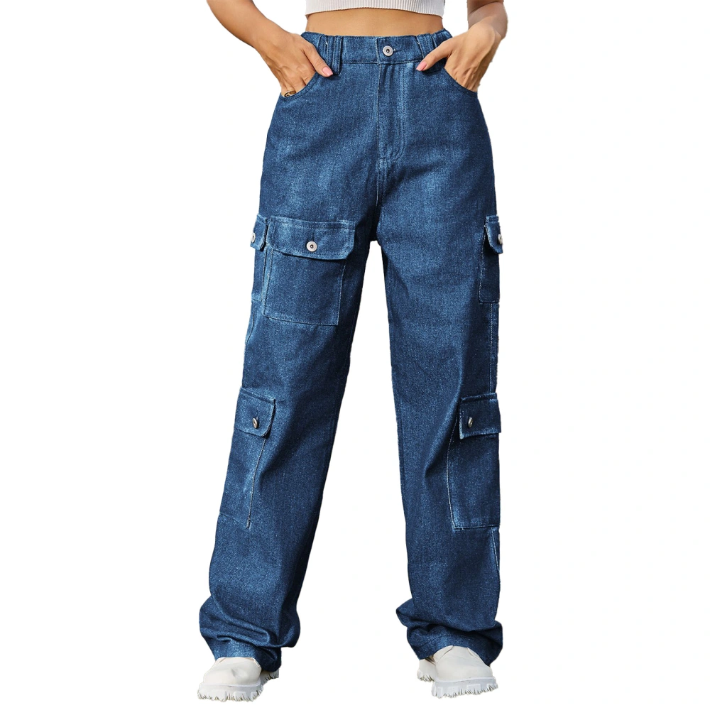 Women Casual Pocket Pants Elastic Waist Long Type Fashionable Female Loose Pocket Trousers Blue L