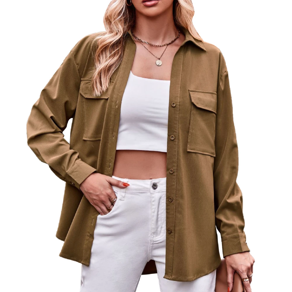 Women Shirt Turndown Collar Button Up Long Sleeve Loose Fit Pure Color Casual Lady Blouse with Dual Pockets Light Tan M