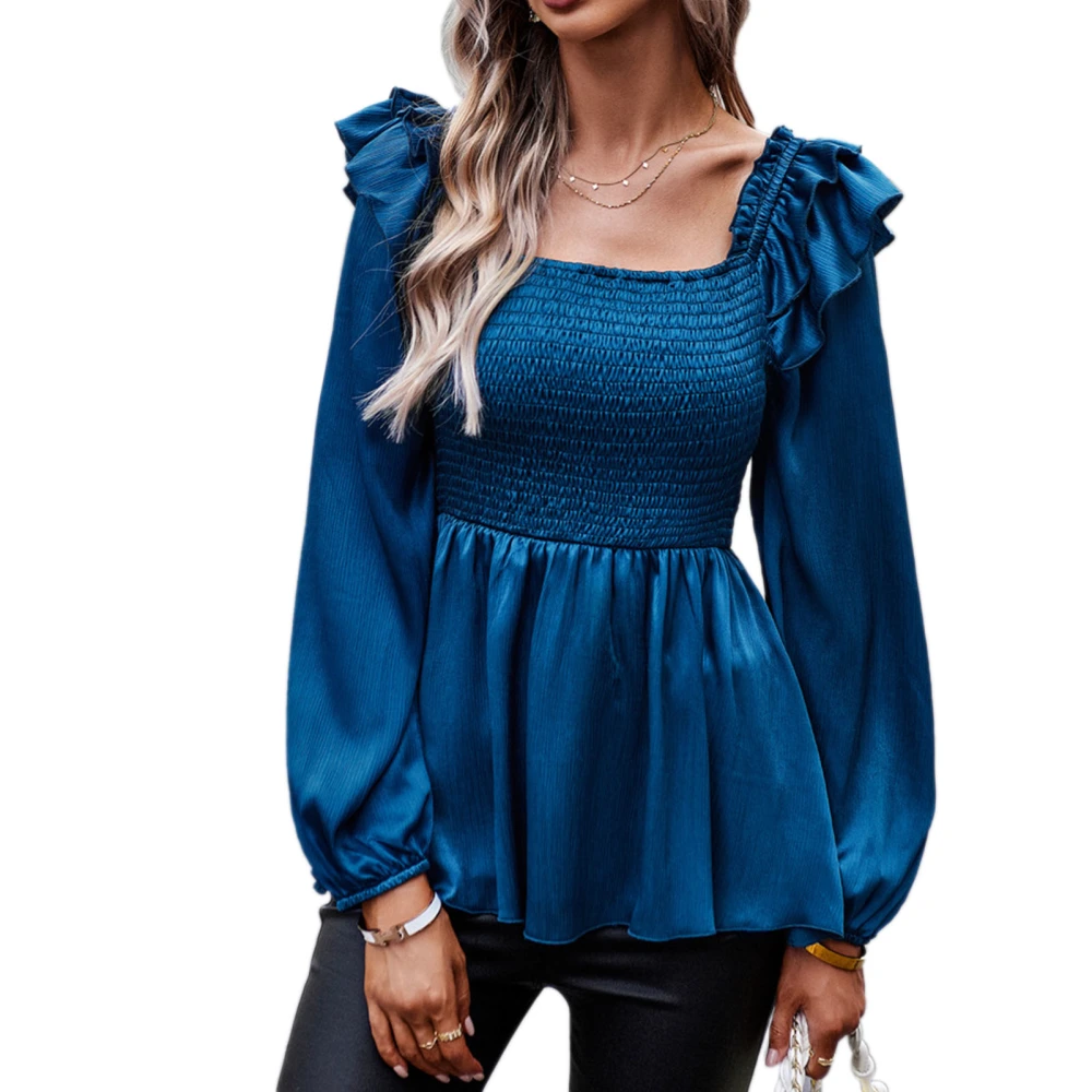 Women Shirt Solid Color Smocked Look Puff Sleeves Square Neck Long Sleeve Shirt Blouse Blue M