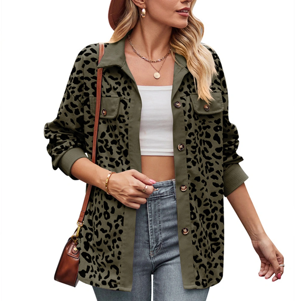 Women Long Sleeve Jacket Shirt Leopard Print Turn Down Collar Women Button Down Blouses Top for Daily OD Green S