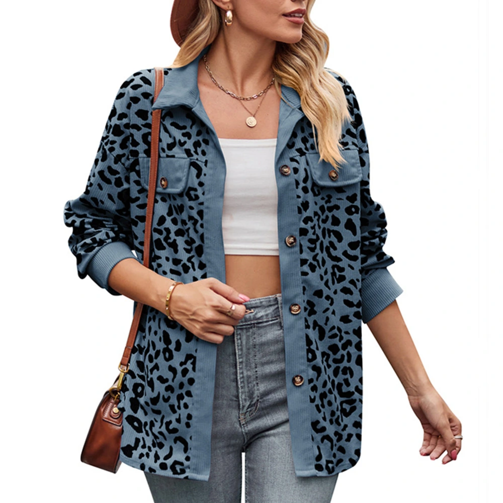 Women Long Sleeve Jacket Shirt Leopard Print Turn Down Collar Women Button Down Blouses Top for Daily Blue M