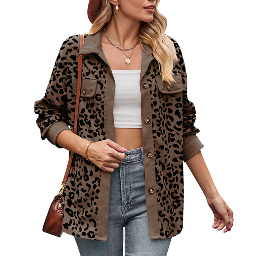 Women Long Sleeve Jacket Shirt Leopard Print Turn Down Collar Women Button Down Blouses Top for Daily Brown L