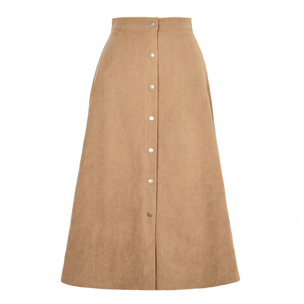 High Waisted A Line Skirt Button Front Ribbed Elastic Double Pocket Skirt for Women Lady Khaki M