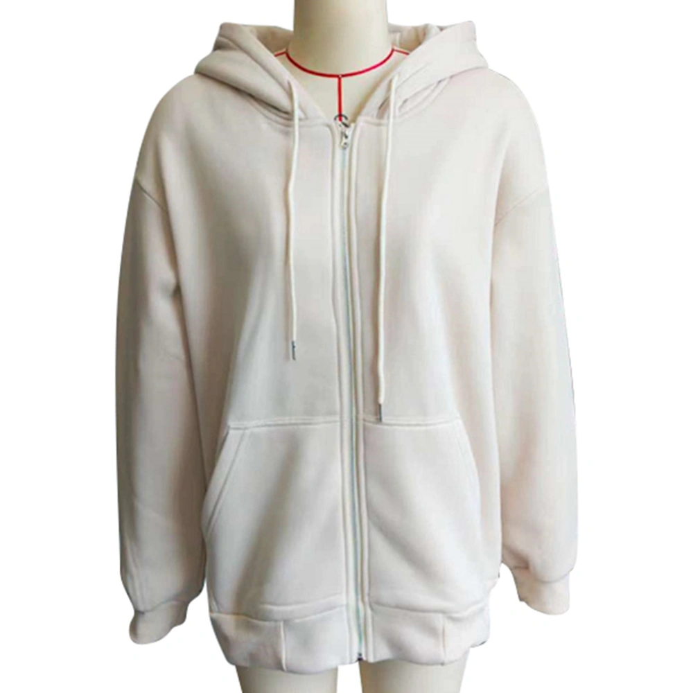 Women Full Zip Hooded Sweatshirt Loose Fit Drop Shoulder Long Sleeve Hoodie Sweatshirt with Pockets Apricot L