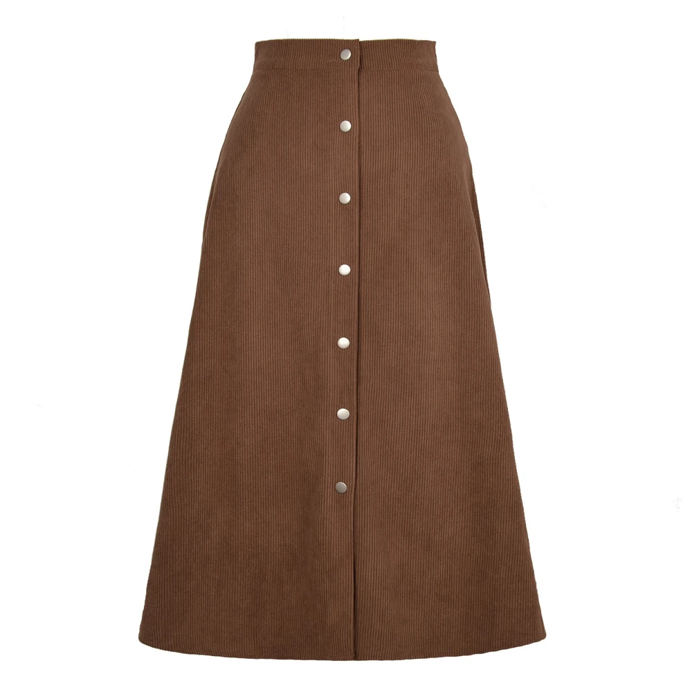 High Waisted A Line Skirt Button Front Ribbed Elastic Double Pocket Skirt for Women Lady Brown M