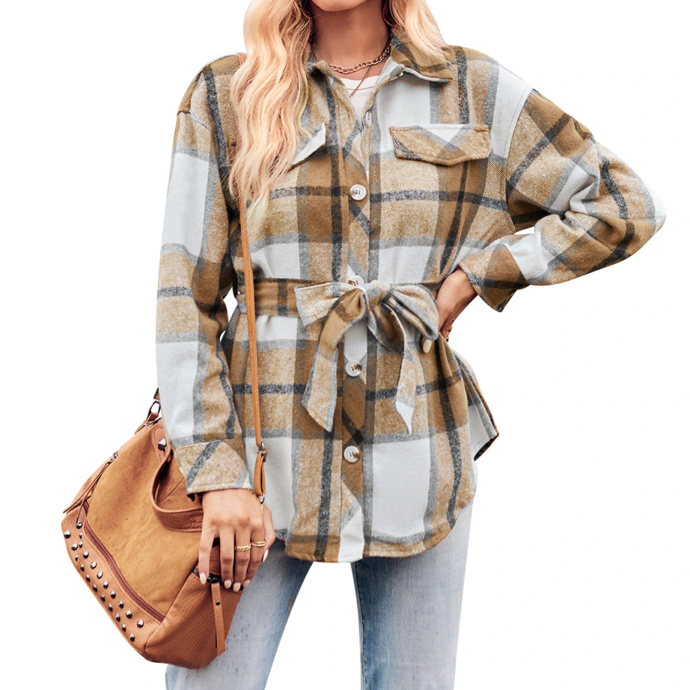 Woman Plaid Coat Turn Down Collar Long Sleeve Single Breasted Soft Skin Friendly with Belt for Daily Life Work Shopping Khaki L