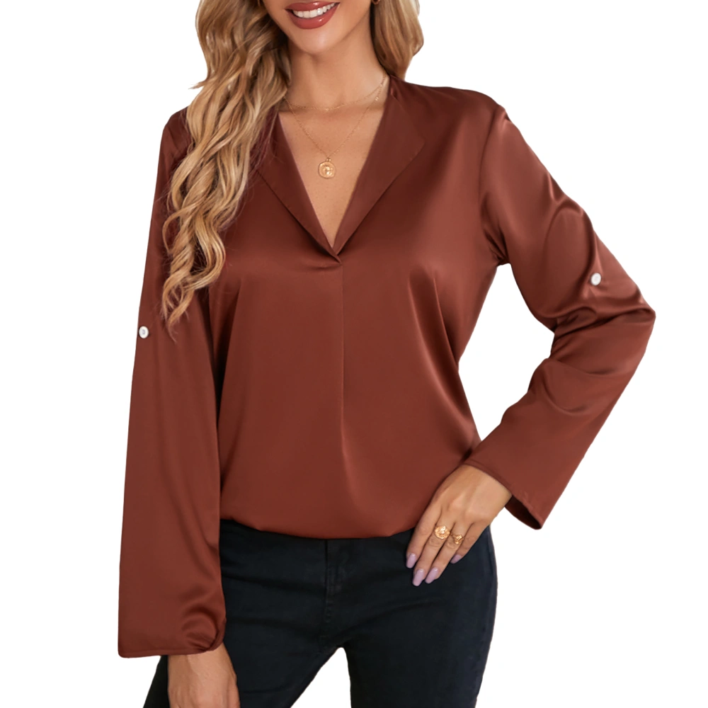 Women Blouse V Neck Long Sleeves Pure Color Casual Comfortable Women Shirt for Home Outdoor Brown L