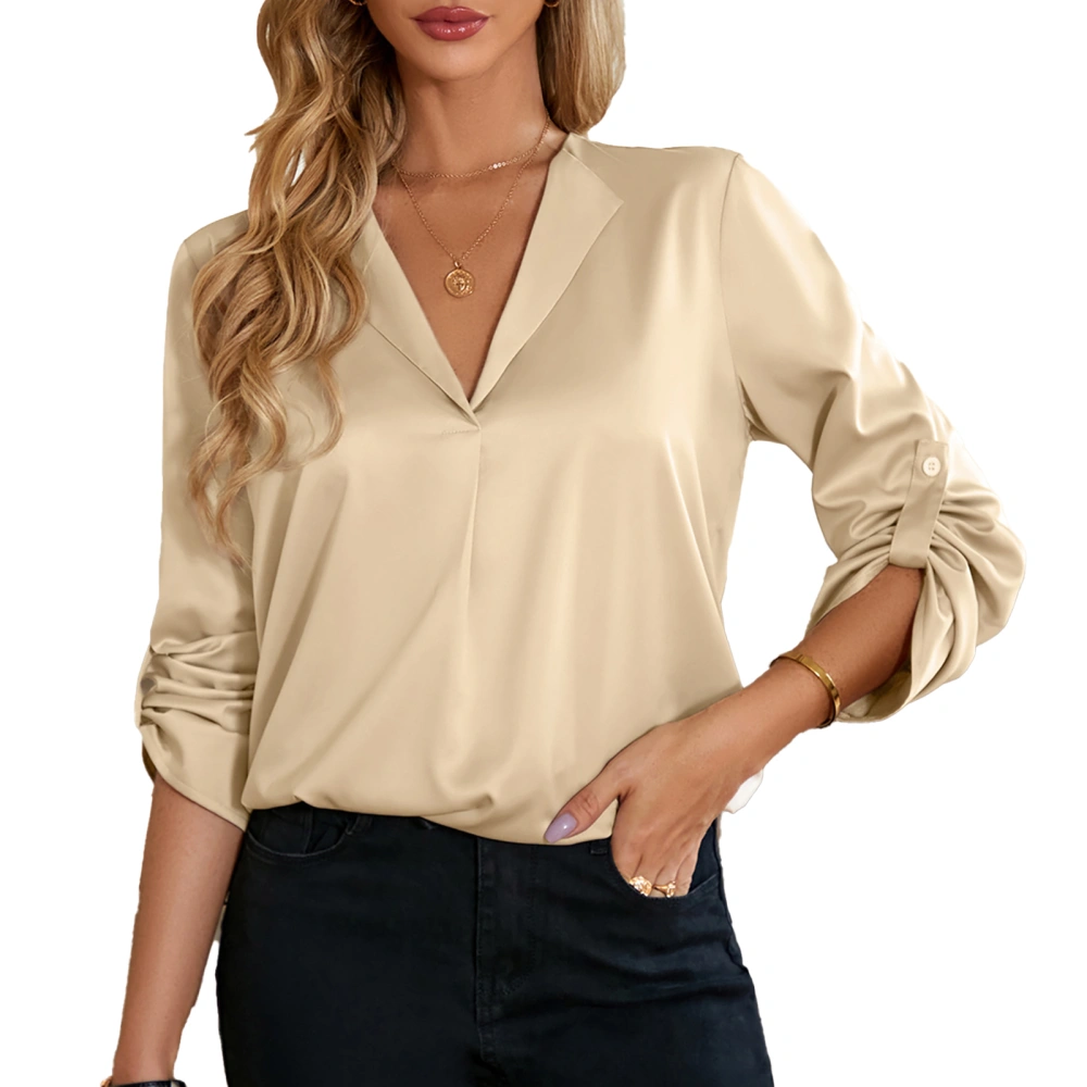 Women Blouse V Neck Long Sleeves Pure Color Casual Comfortable Women Shirt for Home Outdoor Apricot XL