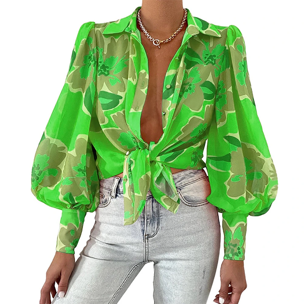 Woman Fashion Print Puff Sleeve Top Turn Down Collar Loose Shirt Button Up Long Sleeve Casual Top Green L