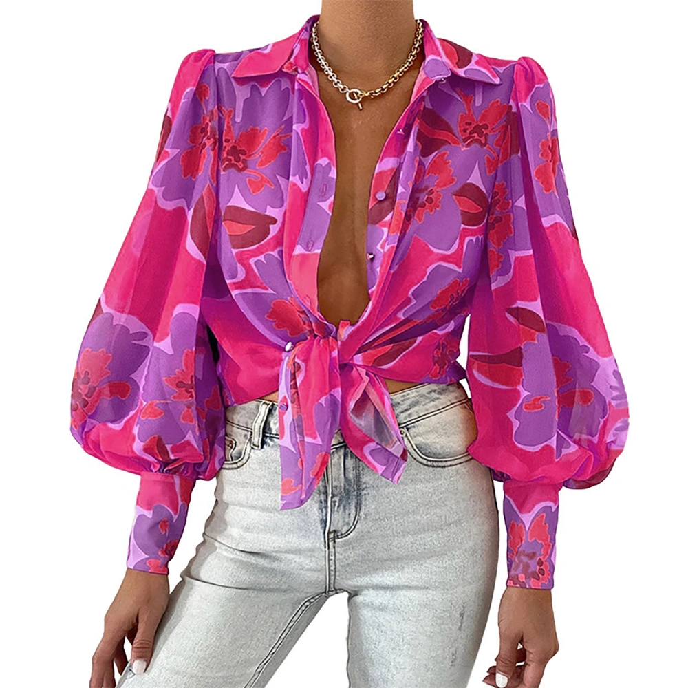 Woman Fashion Print Puff Sleeve Top Turn Down Collar Loose Shirt Button Up Long Sleeve Casual Top Rose Red M