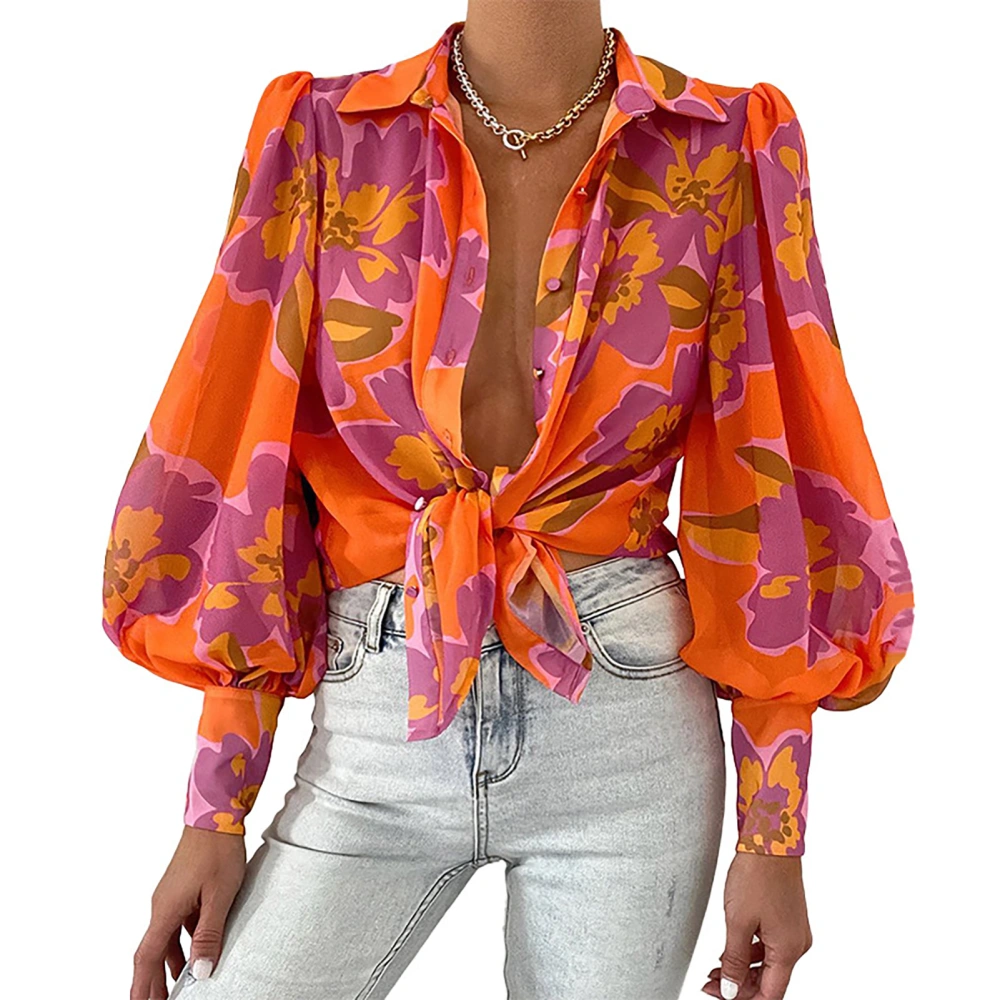 Woman Fashion Print Puff Sleeve Top Turn Down Collar Loose Shirt Button Up Long Sleeve Casual Top Orange Red XL