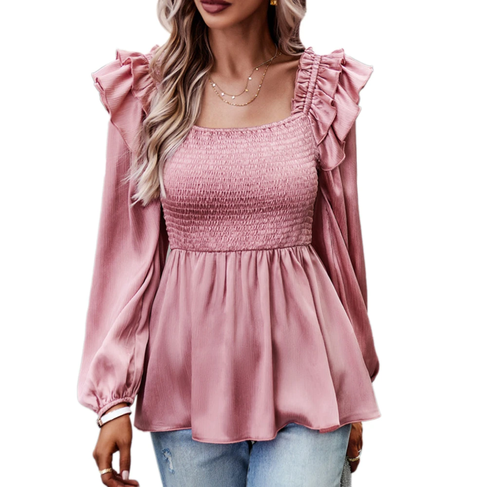 Women Shirt Solid Color Smocked Look Puff Sleeves Square Neck Long Sleeve Shirt Blouse Pink S