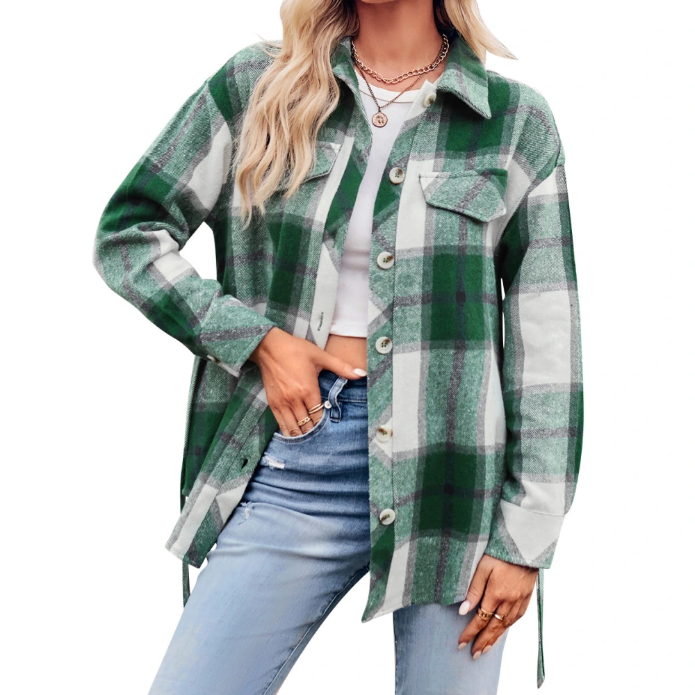 Woman Plaid Coat Turn Down Collar Long Sleeve Single Breasted Soft Skin Friendly with Belt for Daily Life Work Shopping Green M