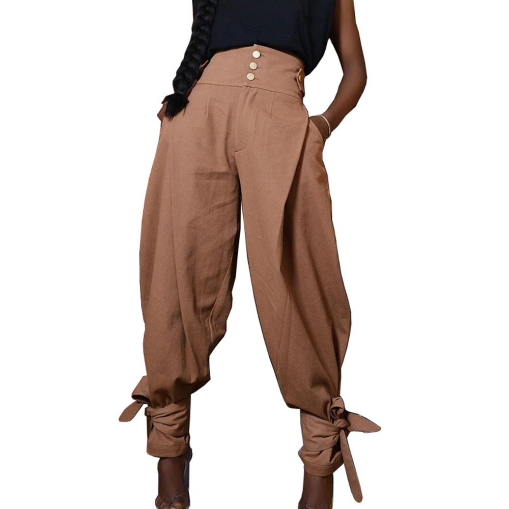 High Waist Jogger Pants Button Closure Strap Design Pure Color Loose Trendy Women Casual Pants Khaki M