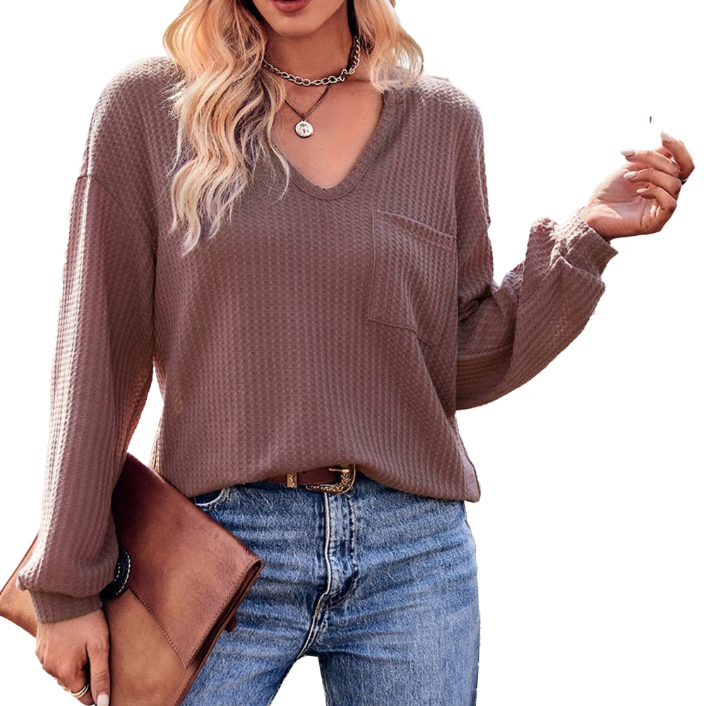 Women Sweatshirt V Neck Long Sleeve Plain Loose Casual Simple Pullover Top with Pocket for Spring Fall Winter Dark Red S