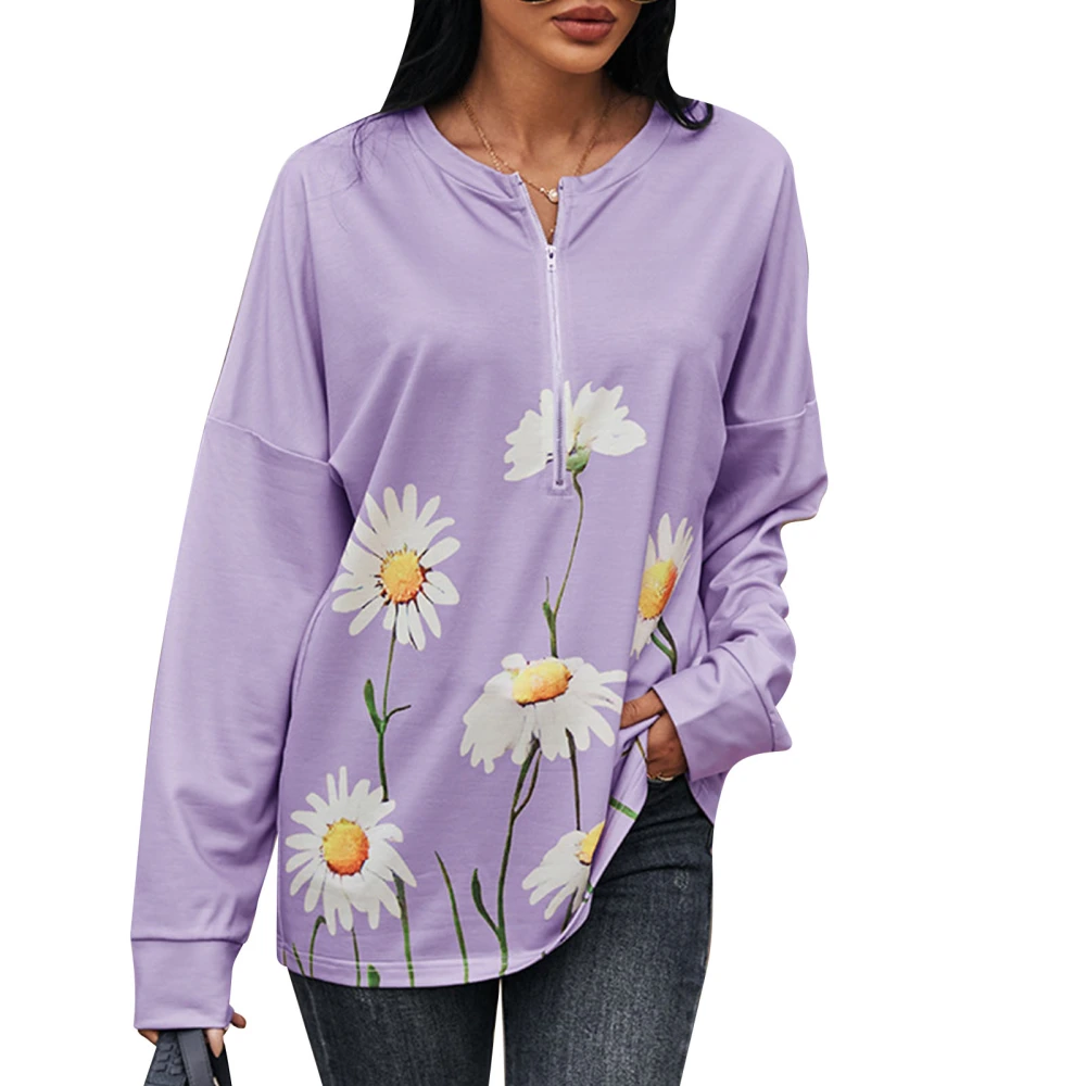 Floral Long Sleeve Pullover Half Zipper Elegant Round Neck Floral Pullover for Women Lady Purple S