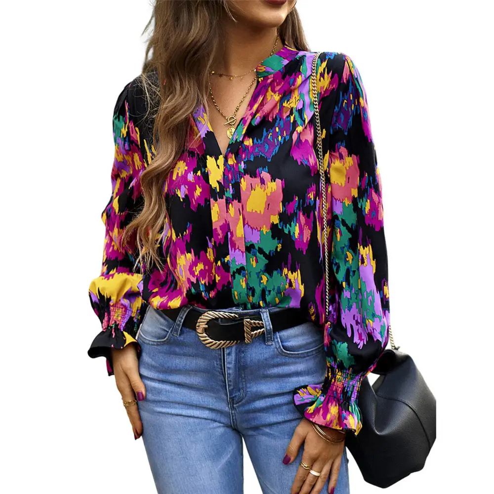 Women Long Sleeve Blouses Temperament V Neck Printed Shirt Loose Casual Tops for Fall Black M