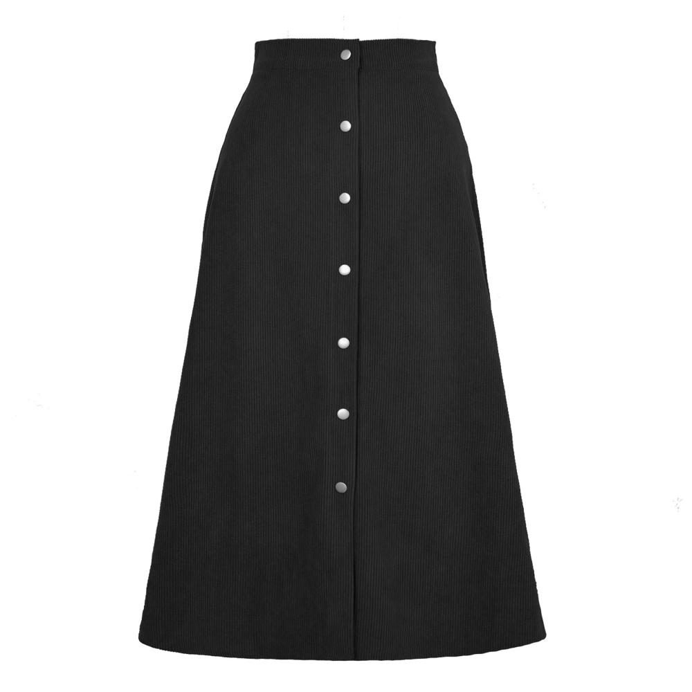 High Waisted A Line Skirt Button Front Ribbed Elastic Double Pocket Skirt for Women Lady Black XL