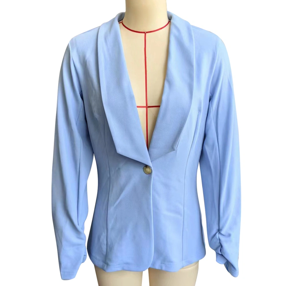 Women Suit Jacket Turn Down Collar Deep V Neck Long Sleeve Button Closure Women Office Coat Light Blue M