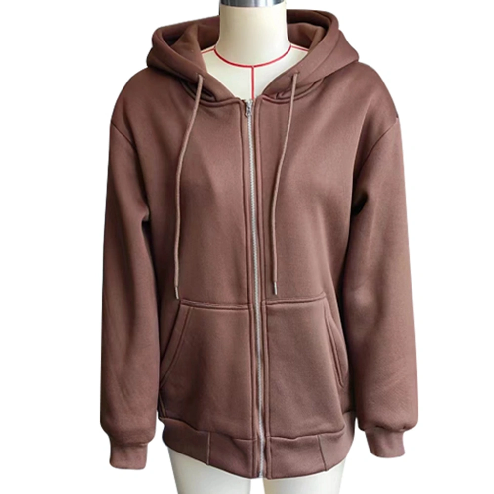 Women Full Zip Hooded Sweatshirt Loose Fit Drop Shoulder Long Sleeve Hoodie Sweatshirt with Pockets Brown XS