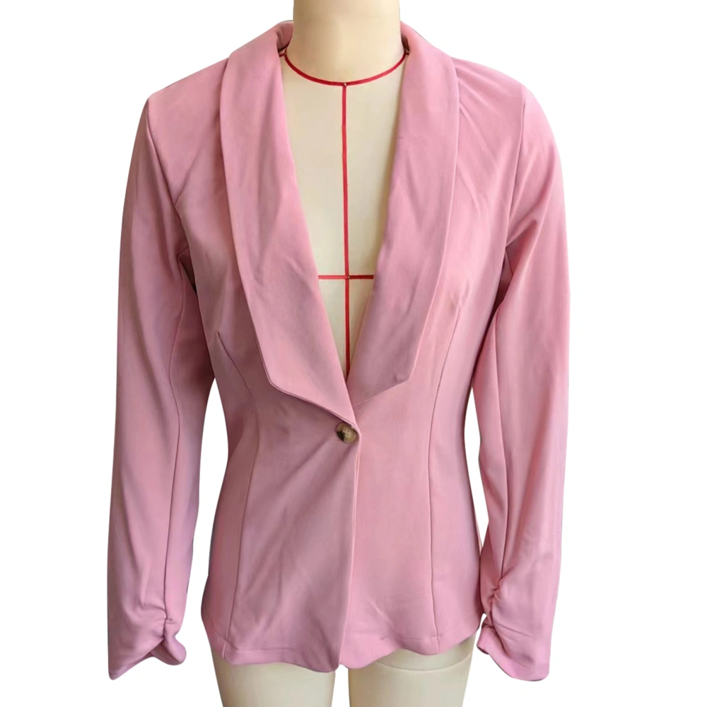 Women Suit Jacket Turn Down Collar Deep V Neck Long Sleeve Button Closure Women Office Coat Pink M