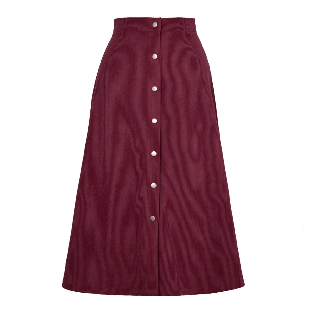 High Waisted A Line Skirt Button Front Ribbed Elastic Double Pocket Skirt for Women Lady Burgundy S