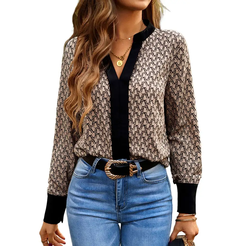 Long Sleeve Shirt Tops Soft Skin Friendly V Neck Highly Breathable Women Long Sleeve Shirt for Dating Shopping Brown L