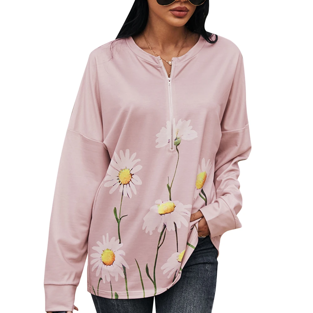 Floral Long Sleeve Pullover Half Zipper Elegant Round Neck Floral Pullover for Women Lady Rose Pink L