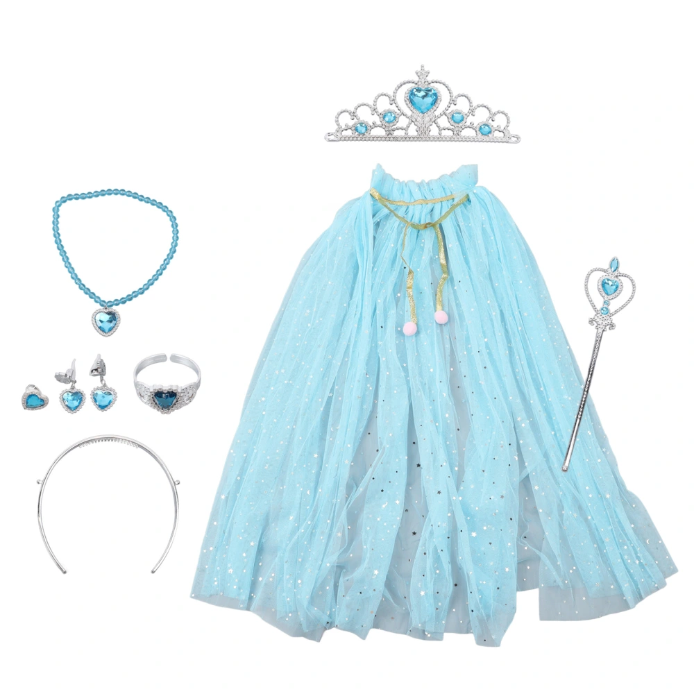 Princess Tulle Cloak with Crown Necklace Bracelet Wand Princess Dress Up Clothes for Little Girl Toddlers Blue