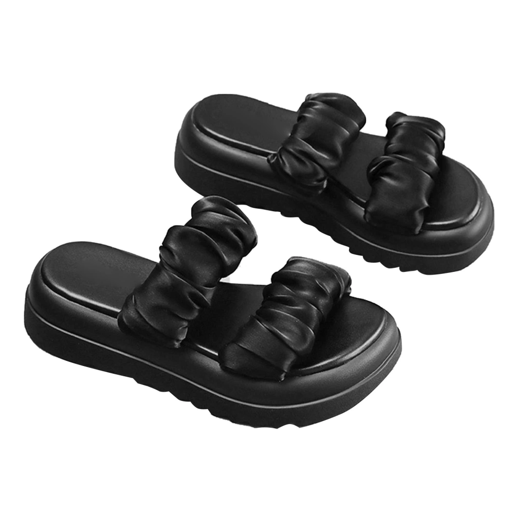 Women Summer Soft Thick Sole Slippers Fashionable Elegant Beach PU Leather Slip On Sandals Slides Black 38