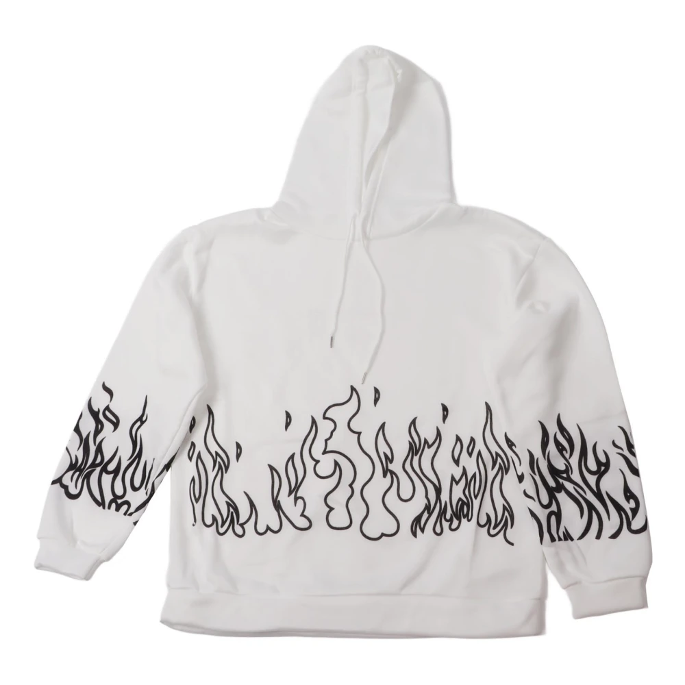 Flame Printed Hoodie for Men and Boys Hip Hop Loose Sweatshirts Fall Winter Fleece Hoodie White XL