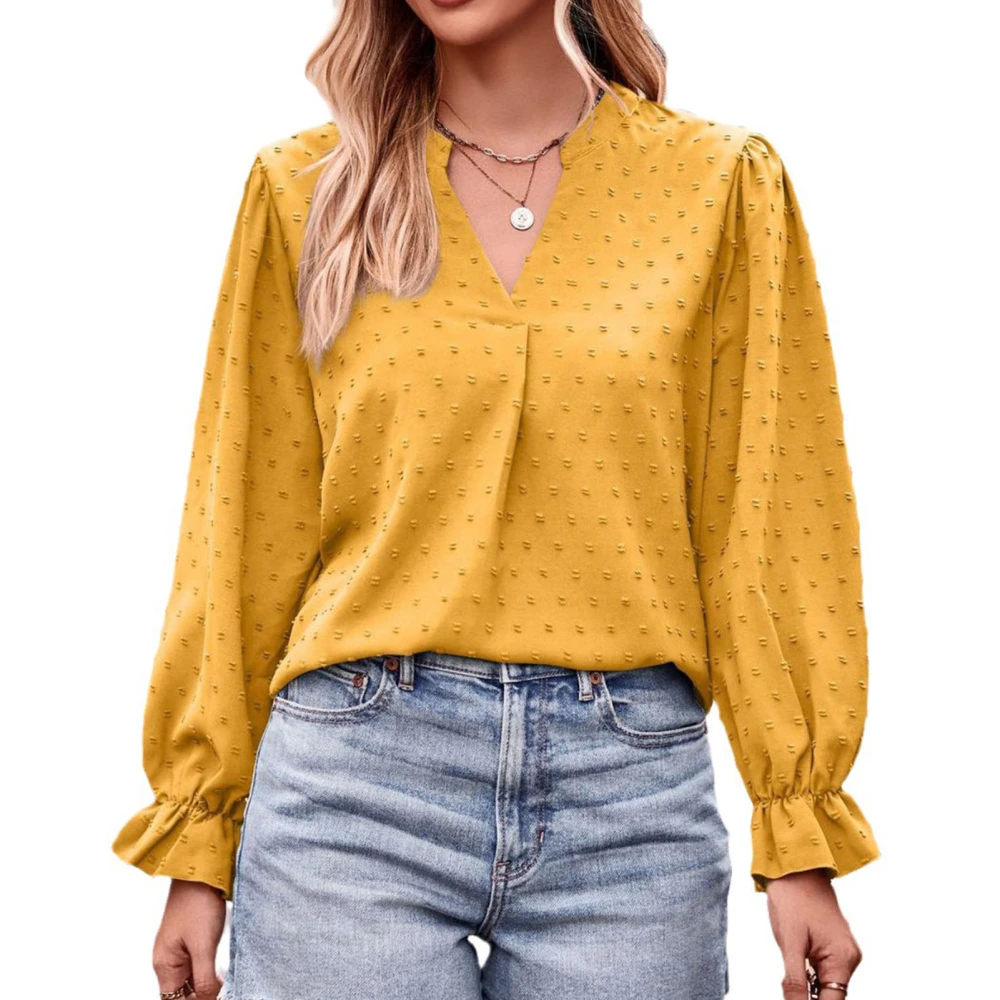 Women V Neck T Shirt Long Bell Sleeves Loose Fitting Pure Color Casual Jacquard Dot Blouse Ginger S