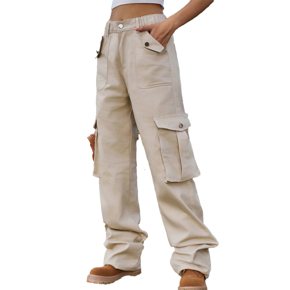 Women Multiple Pockets Pants Elastic High Waist Wide Straight Leg Relaxed Fit Slacks Light Khaki M