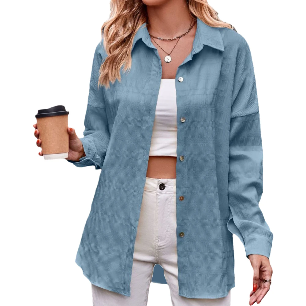 Women Shirt Long Sleeve Turndown Collar Button Down Loose Fit Pure Color Casual Lady Blouse for Daily Work Mist Blue S