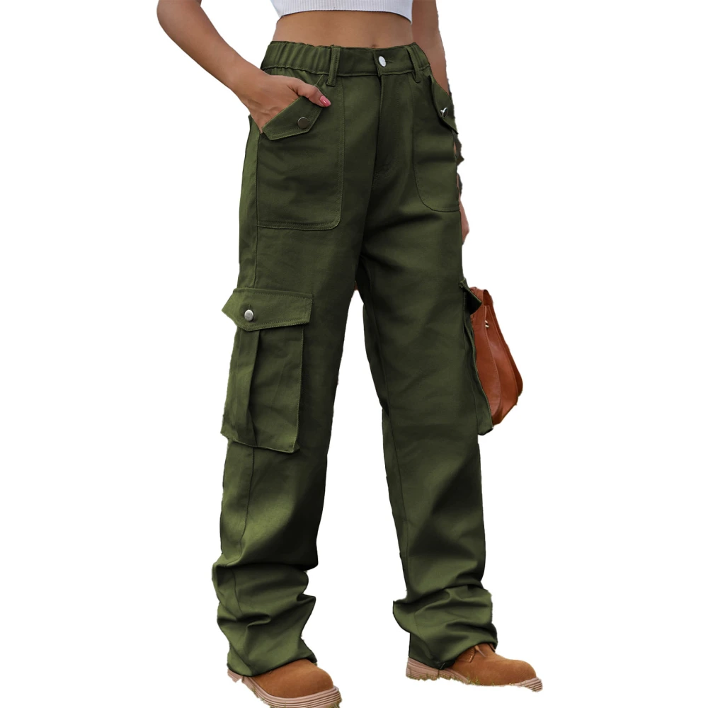 Women Multiple Pockets Pants Elastic High Waist Wide Straight Leg Relaxed Fit Slacks OD Green M