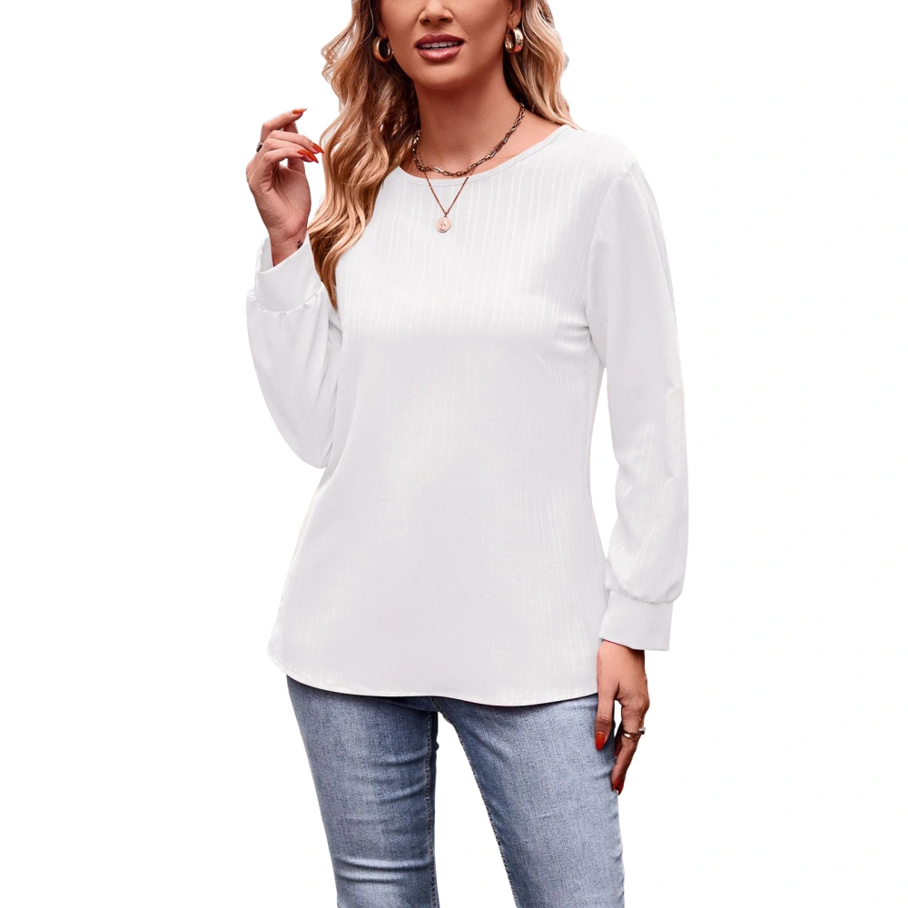 Long Sleeve Crew Neck Tops Leisure Pure Color Fashionable Soft Women Loose T Shirt for Daily Life Traveling White M