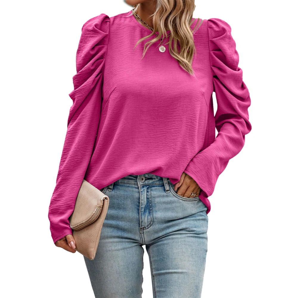 Women Long Sleeve Top Crewneck Ruched Puff Sleeve Pure Color Soft Skin Friendly Women Tunic Top for Party Office Outing Rose Red M