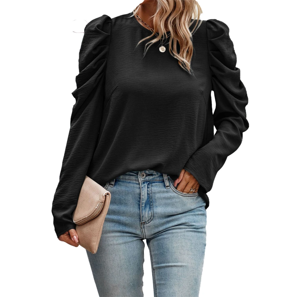 Women Long Sleeve Top Crewneck Ruched Puff Sleeve Pure Color Soft Skin Friendly Women Tunic Top for Party Office Outing Black XL