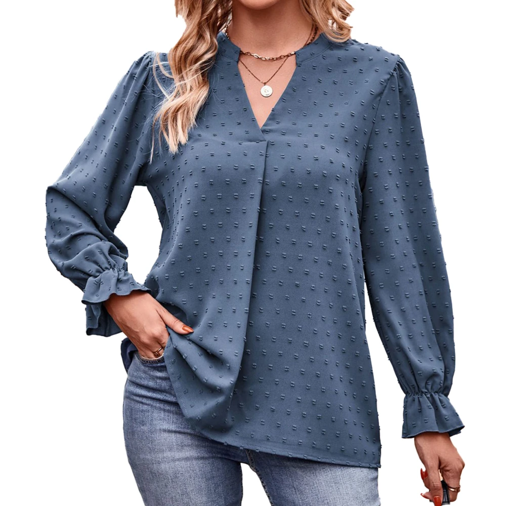 Women V Neck T Shirt Long Bell Sleeves Loose Fitting Pure Color Casual Jacquard Dot Blouse Haze Blue M