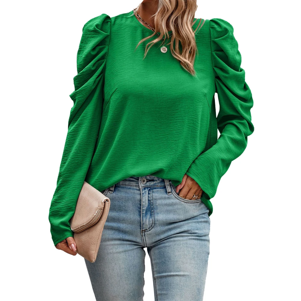 Women Long Sleeve Top Crewneck Ruched Puff Sleeve Pure Color Soft Skin Friendly Women Tunic Top for Party Office Outing Bright Green M