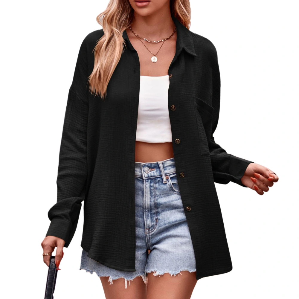 Long Sleeve Blouse with Pocket Women Casual Shirt Single Breasted Button Turndown Collar Fashion Top Black XL