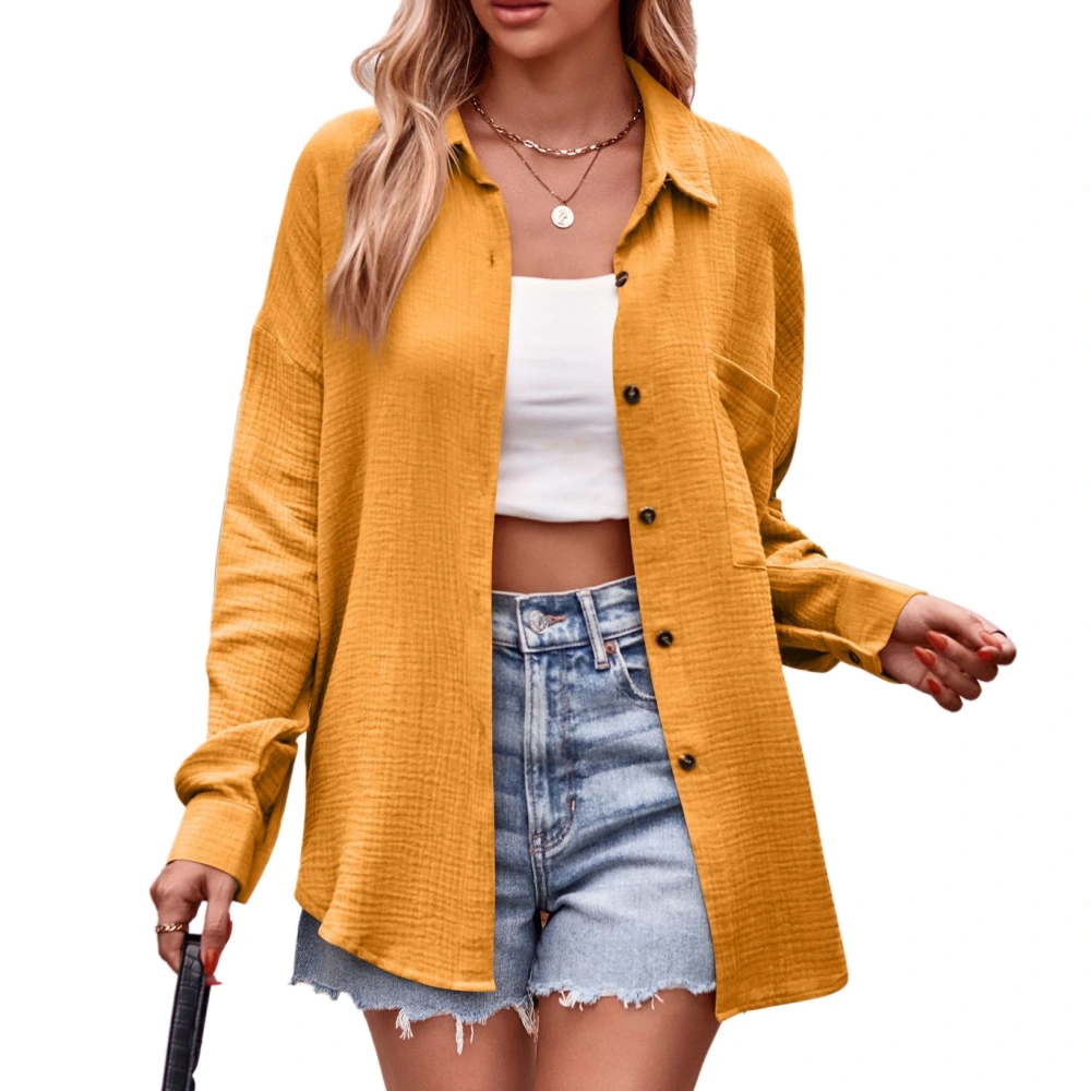 Long Sleeve Blouse with Pocket Women Casual Shirt Single Breasted Button Turndown Collar Fashion Top Yellow S